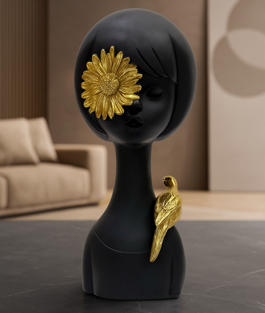 Modern Black Abstract Sculpture with Golden Sunflower and Bird Accent