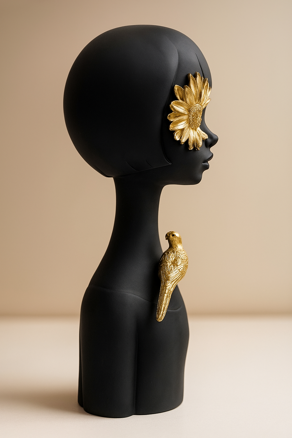 Modern Black Abstract Sculpture with Golden Sunflower and Bird Accent