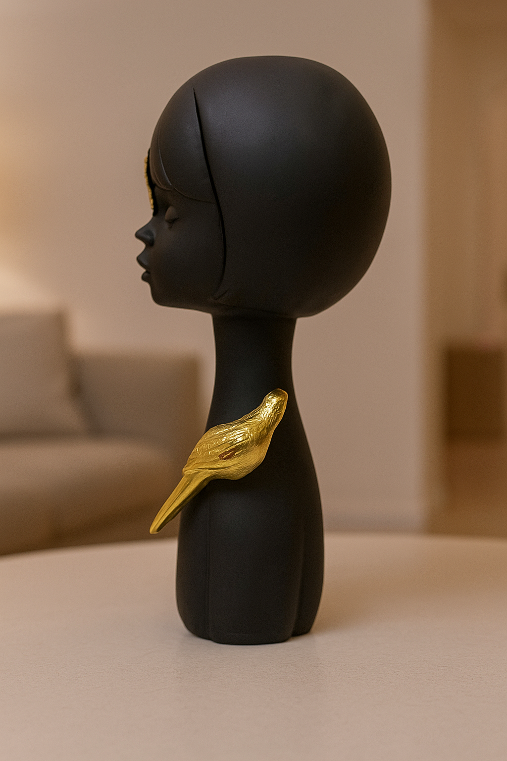 Modern Black Abstract Sculpture with Golden Sunflower and Bird Accent