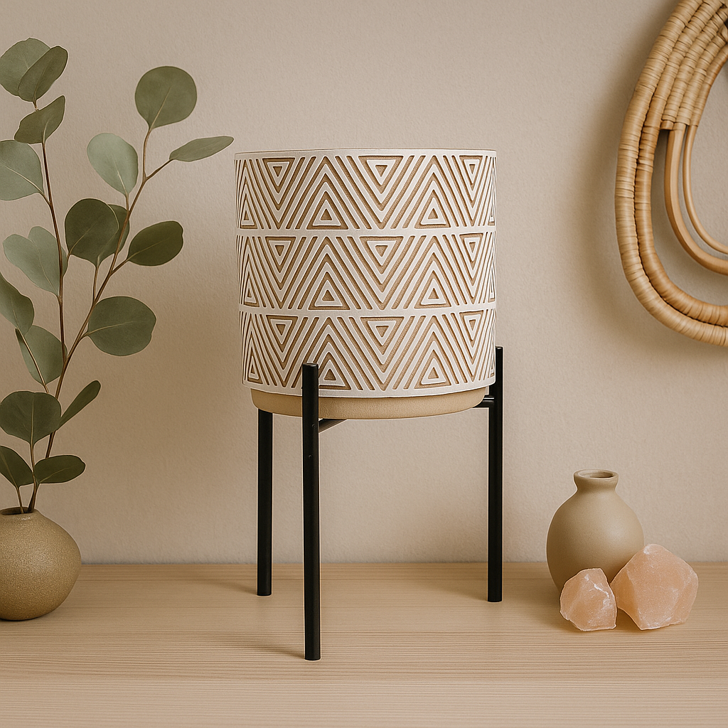 Geometric Patterned Ceramic Planter with Black Metal Stand