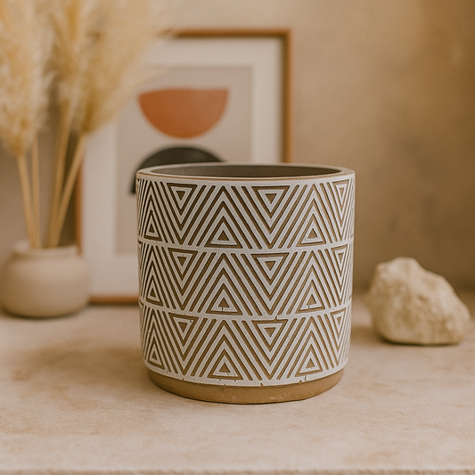 Geometric Patterned Ceramic Planter with Black Metal Stand