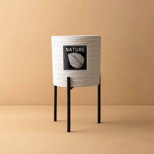 Nature-Inspired White Ceramic Planter with Black Metal Stand