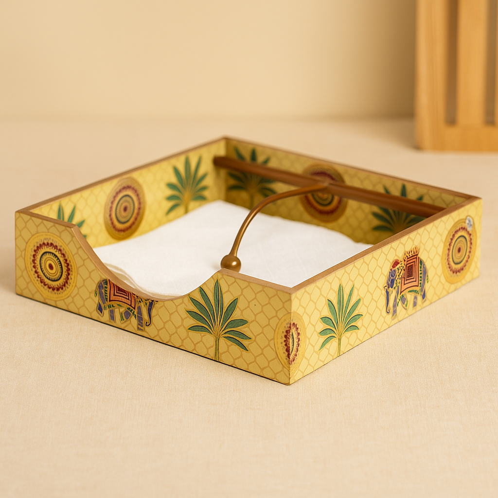 Hand-Painted Wooden Tissue Holder with Traditional Elephant and Palm Design