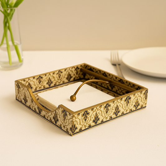 Antique-Inspired Decorative Tissue Holder with Gold and Blue Floral Design