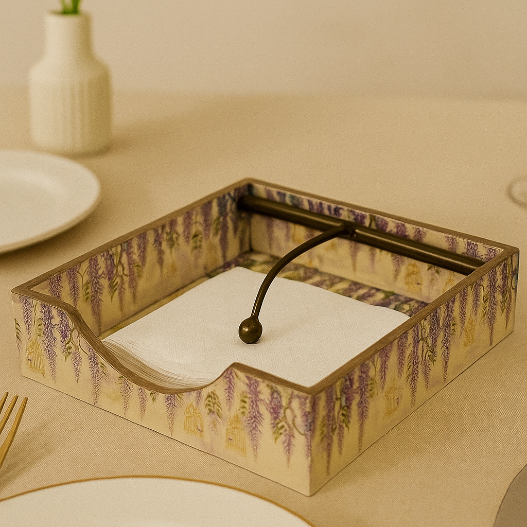 Lavender Floral Decorative Tissue Holder with Brass Handle