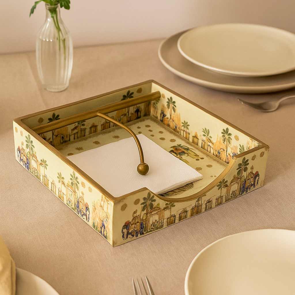 Hand-Painted Tissue Holder with Brass Handle