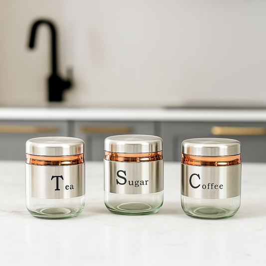 "Stainless Steel Tea Coffee Sugar Glass Jar Set