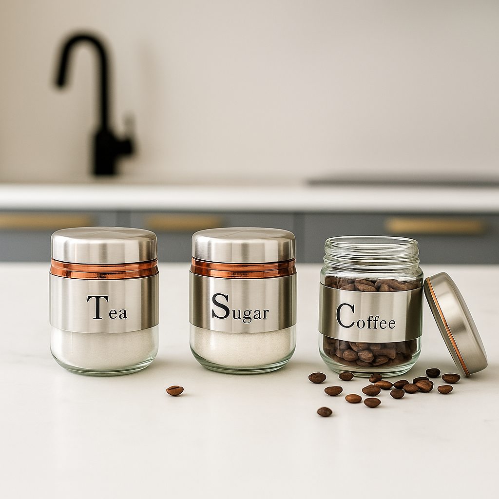 "Stainless Steel Tea Coffee Sugar Glass Jar Set
