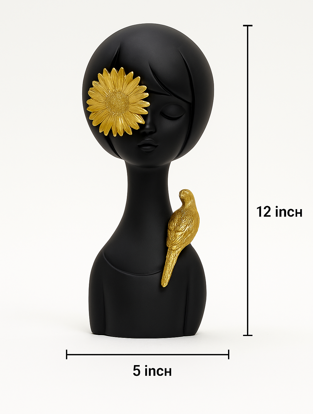 Modern Black Abstract Sculpture with Golden Sunflower and Bird Accent