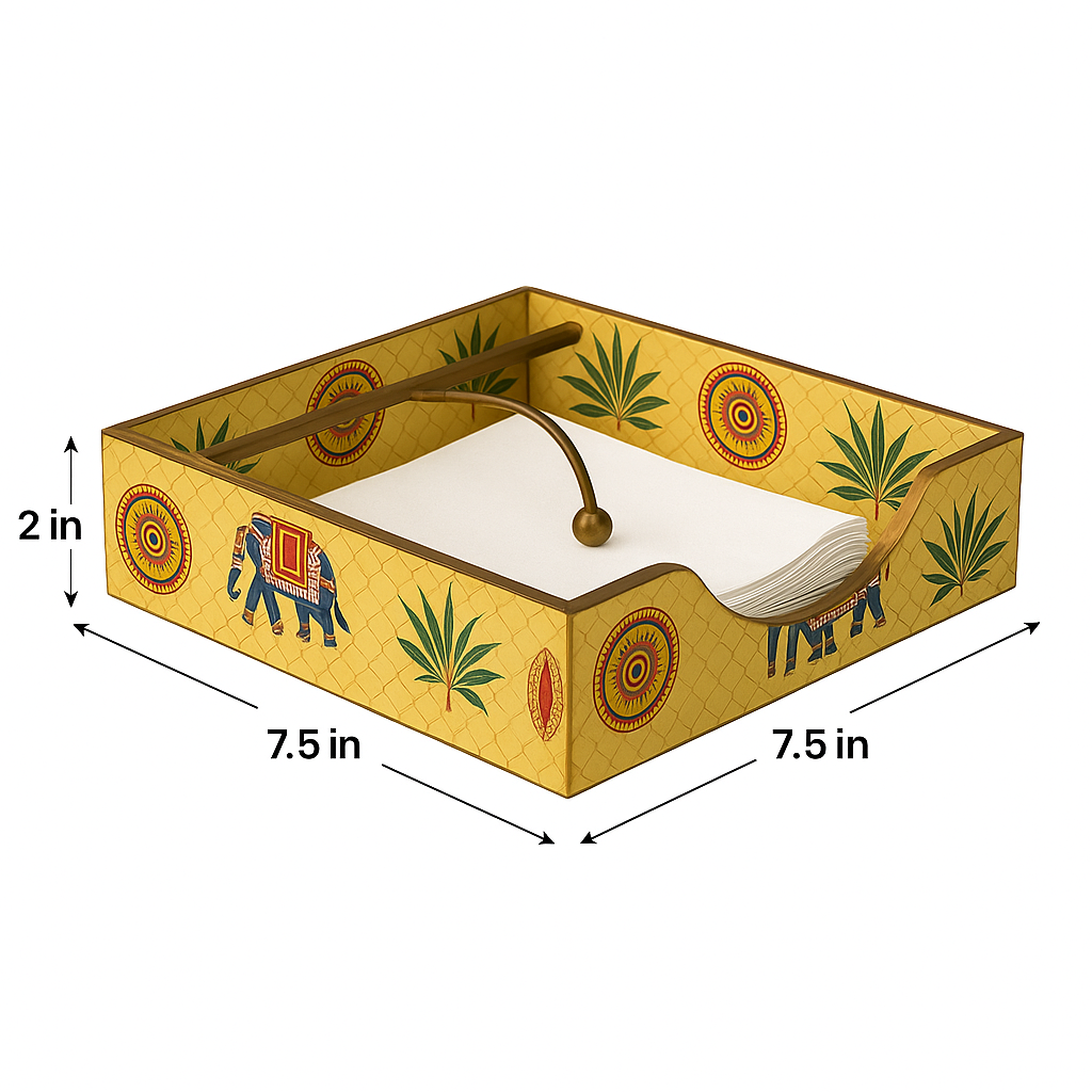 Hand-Painted Wooden Tissue Holder with Traditional Elephant and Palm Design