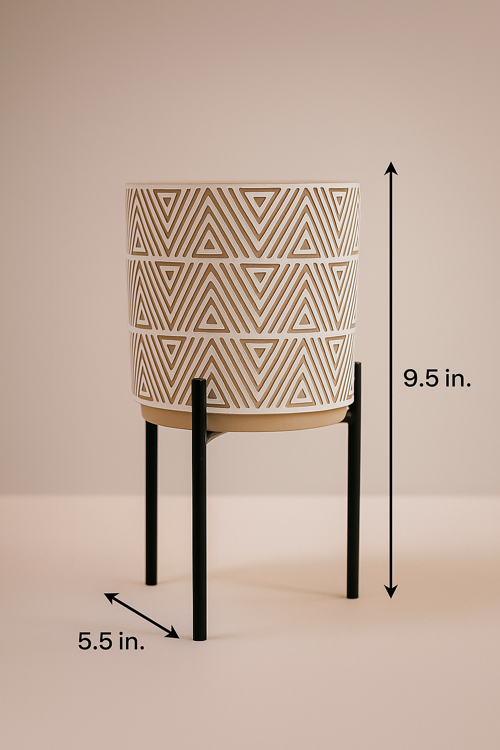 Geometric Patterned Ceramic Planter with Black Metal Stand
