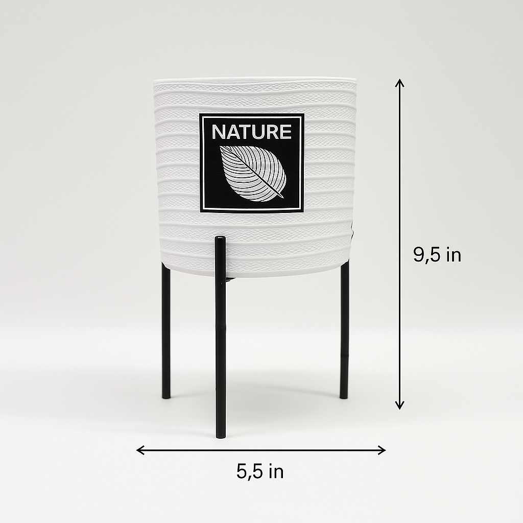 Nature-Inspired White Ceramic Planter with Black Metal Stand