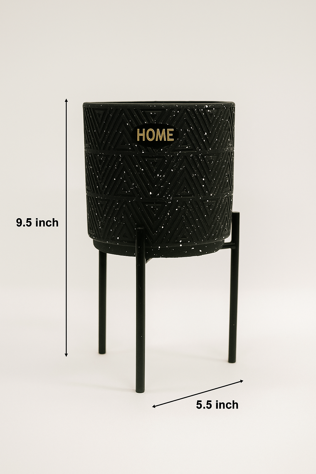 Modern Black Ceramic Planter with Gold 'HOME' Engraving and Black Metal Stand