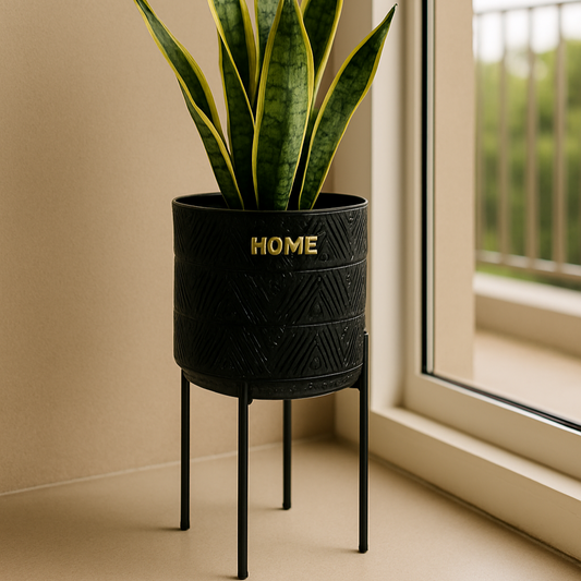 Modern Black Ceramic Planter with Gold 'HOME' Engraving and Black Metal Stand