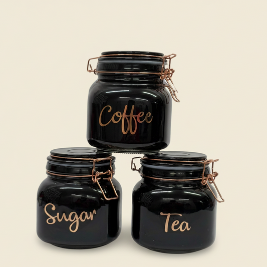 Black Glass Storage Jars with Rose Gold Lids