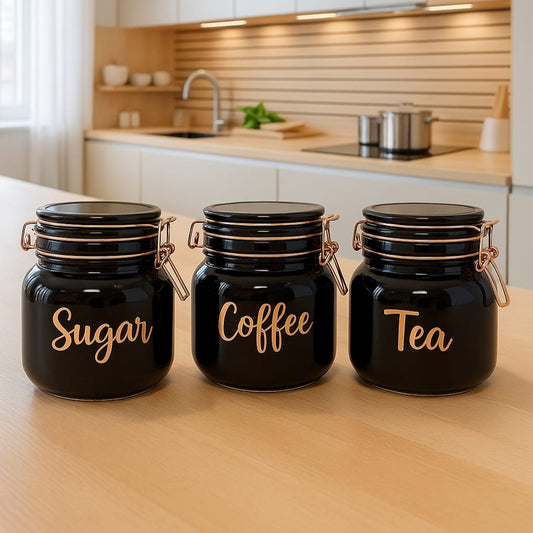 Black Glass Storage Jars with Rose Gold Lids