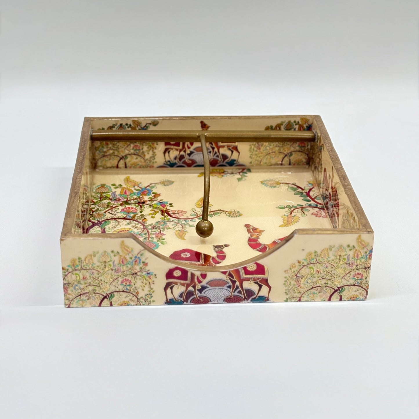 Traditional Hand-Painted Tissue Holder with Brass Handle