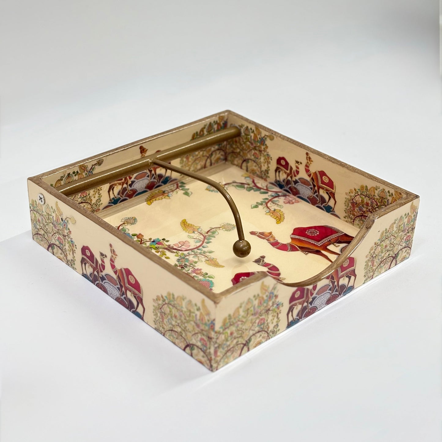 Traditional Hand-Painted Tissue Holder with Brass Handle
