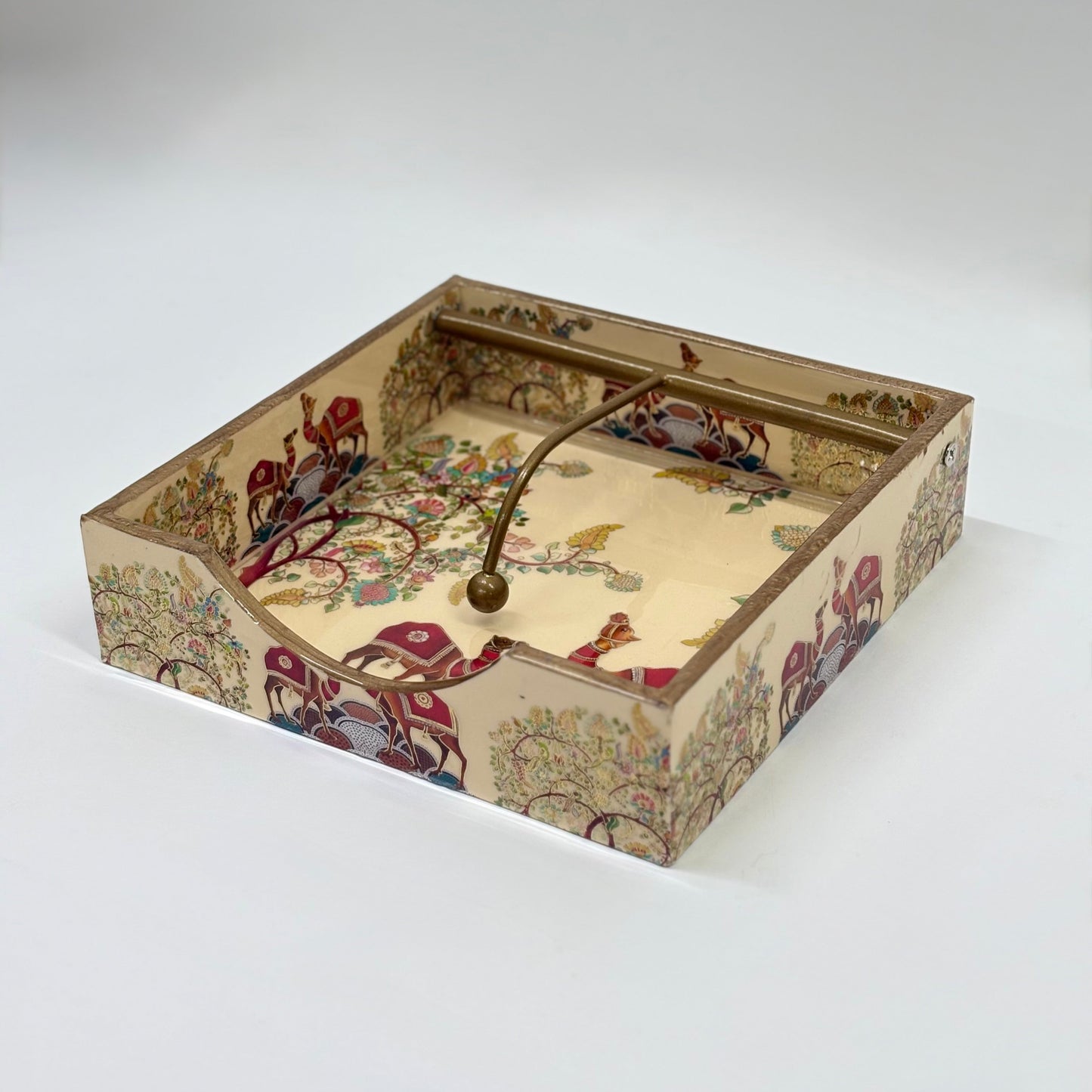 Traditional Hand-Painted Tissue Holder with Brass Handle
