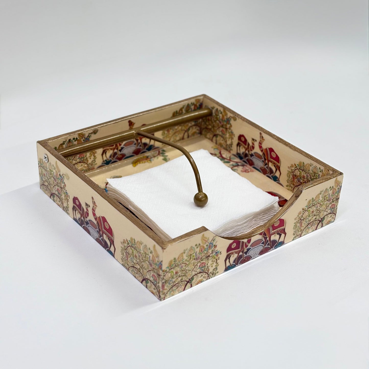Traditional Hand-Painted Tissue Holder with Brass Handle