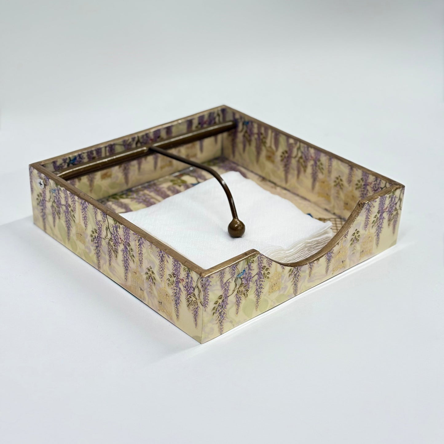 Lavender Floral Decorative Tissue Holder with Brass Handle
