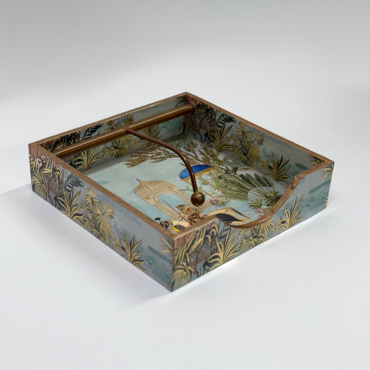 Vintage-Inspired Tissue Holder with Gold and Blue Floral Motif