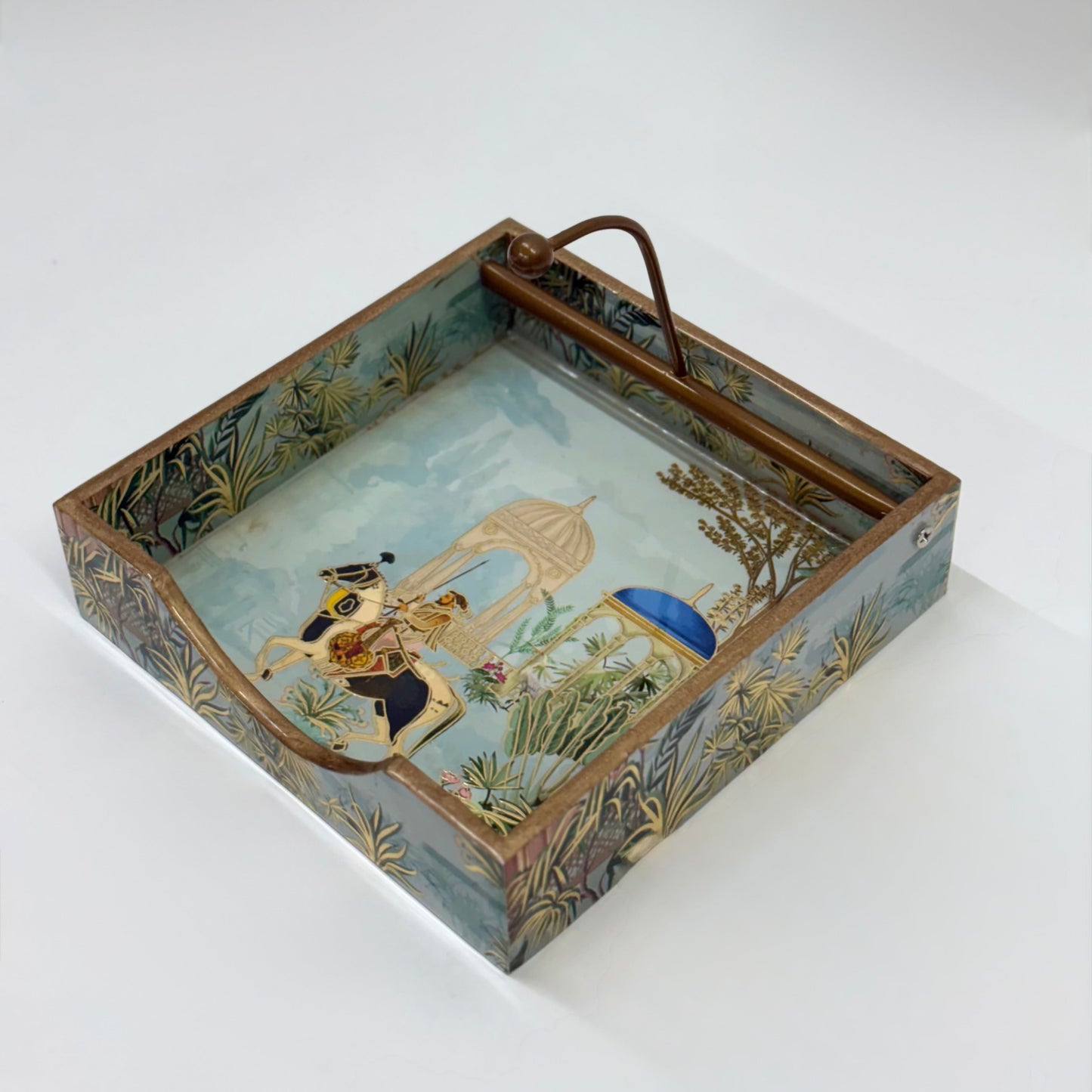 Vintage-Inspired Tissue Holder with Gold and Blue Floral Motif