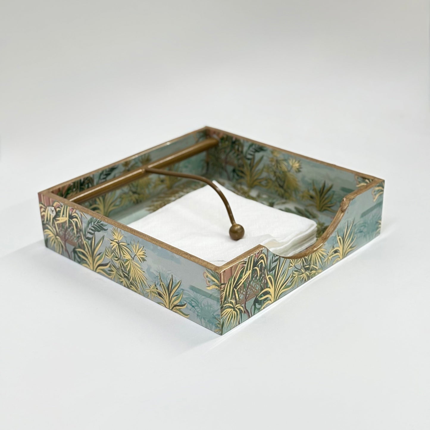 Vintage-Inspired Tissue Holder with Gold and Blue Floral Motif
