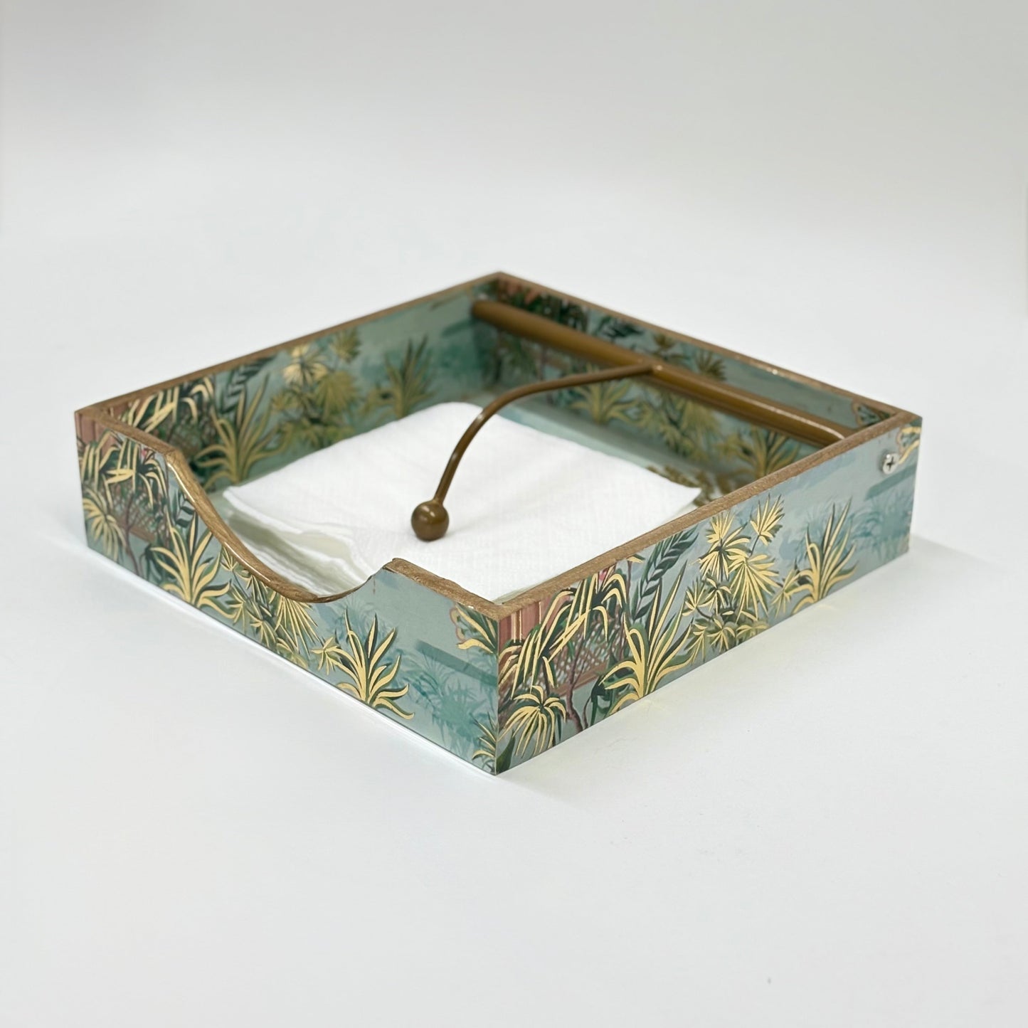 Vintage-Inspired Tissue Holder with Gold and Blue Floral Motif