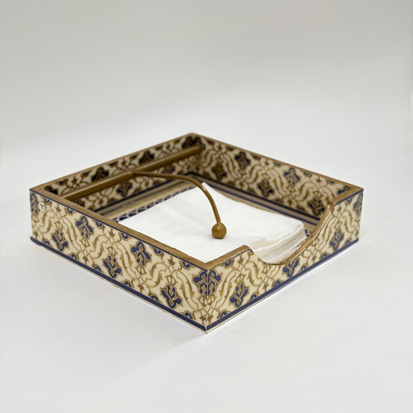 Antique-Inspired Decorative Tissue Holder with Gold and Blue Floral Design