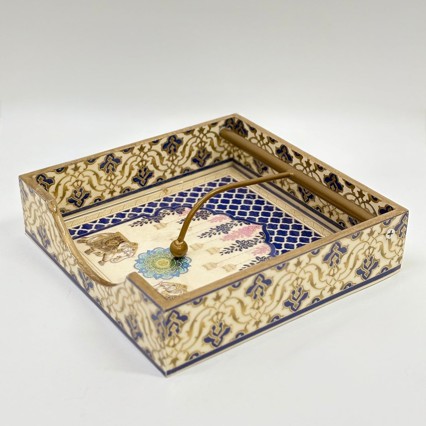 Antique-Inspired Decorative Tissue Holder with Gold and Blue Floral Design