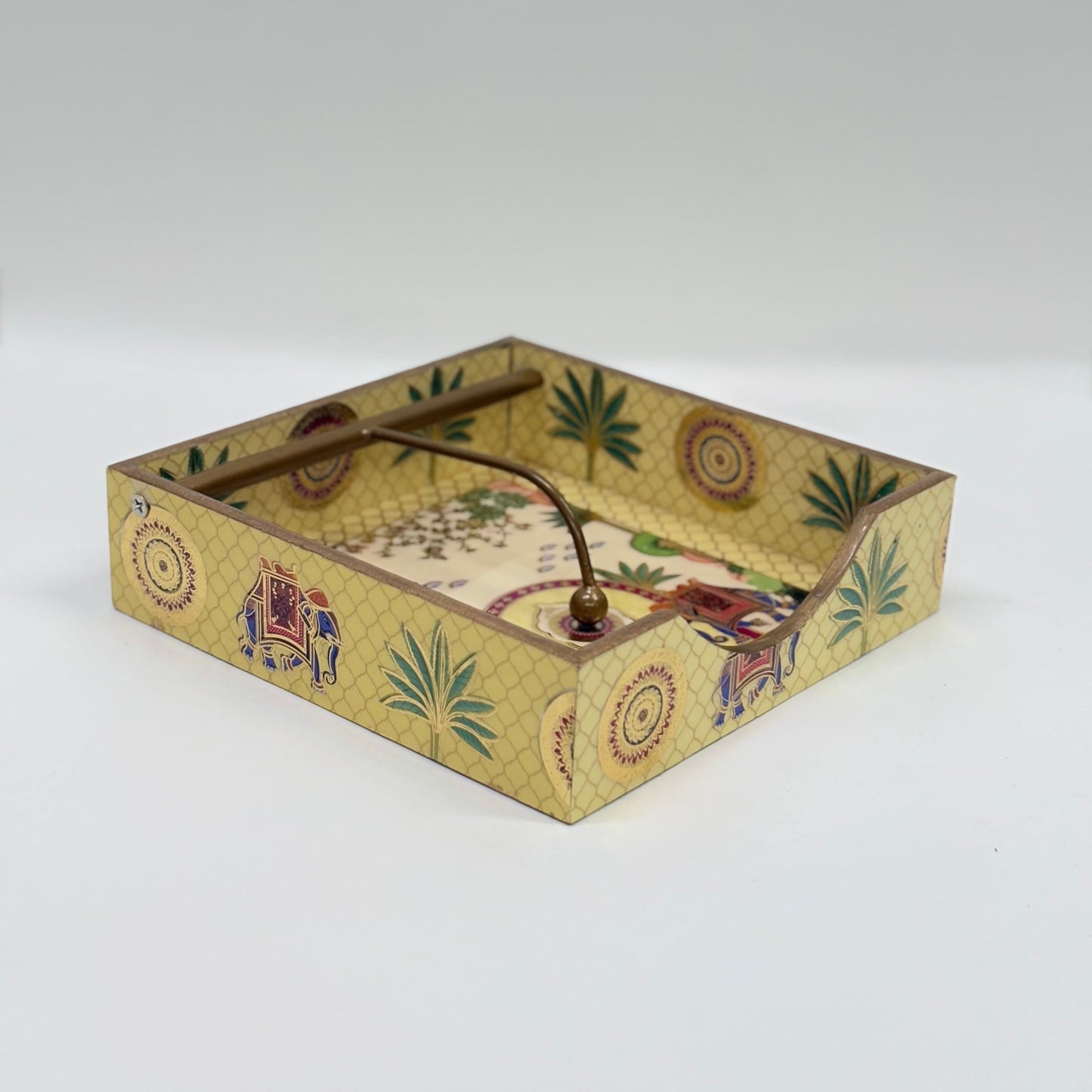 Hand-Painted Wooden Tissue Holder with Traditional Elephant and Palm Design