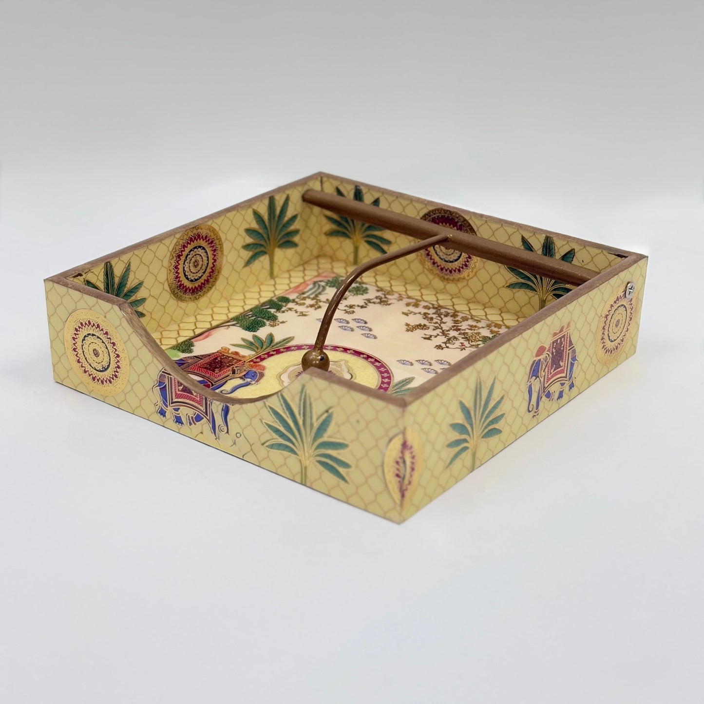 Hand-Painted Wooden Tissue Holder with Traditional Elephant and Palm Design