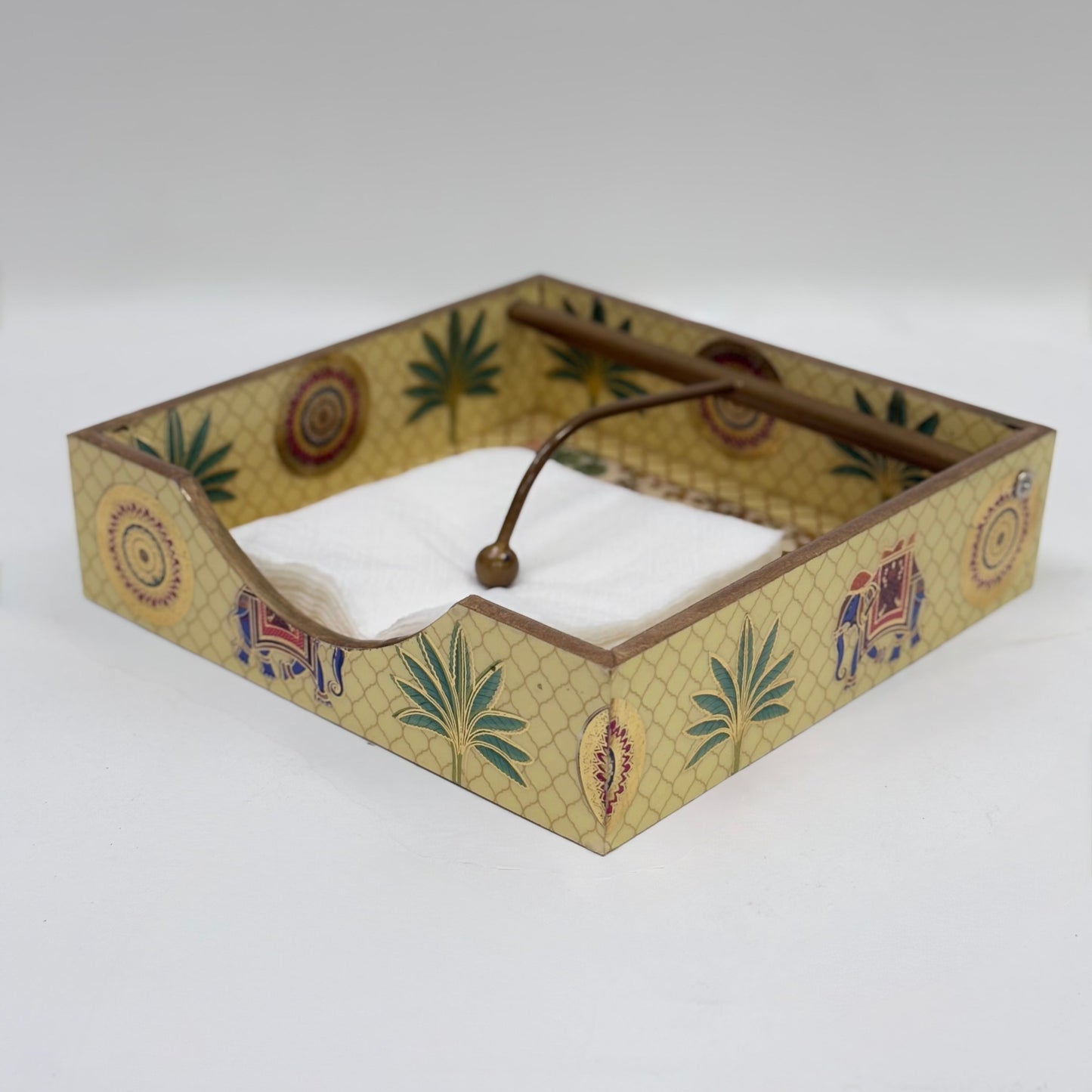 Hand-Painted Wooden Tissue Holder with Traditional Elephant and Palm Design
