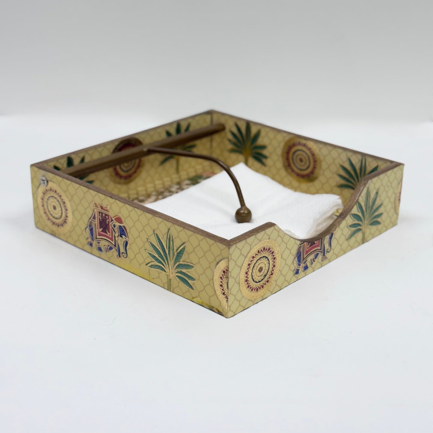 Hand-Painted Wooden Tissue Holder with Traditional Elephant and Palm Design