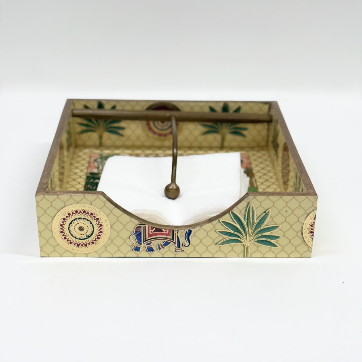 Hand-Painted Wooden Tissue Holder with Traditional Elephant and Palm Design