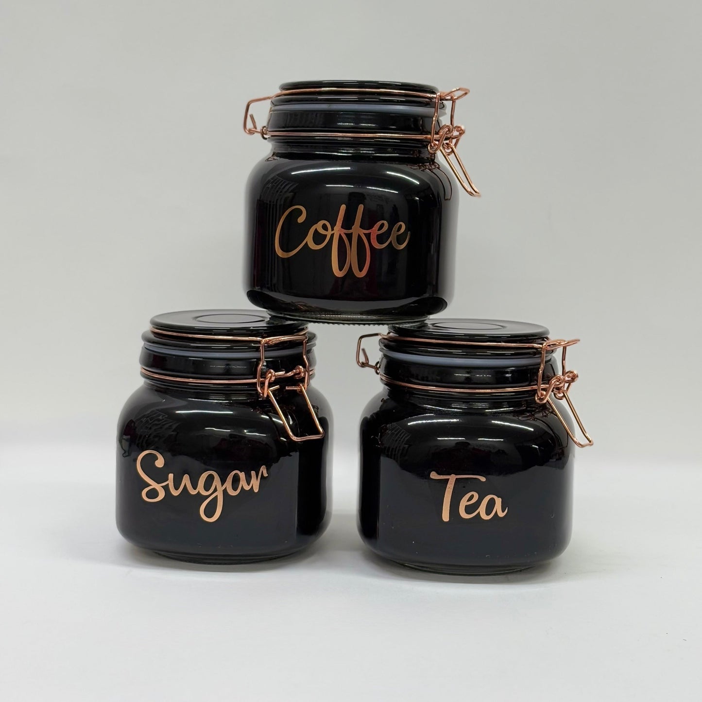 Black Glass Storage Jars with Rose Gold Lids