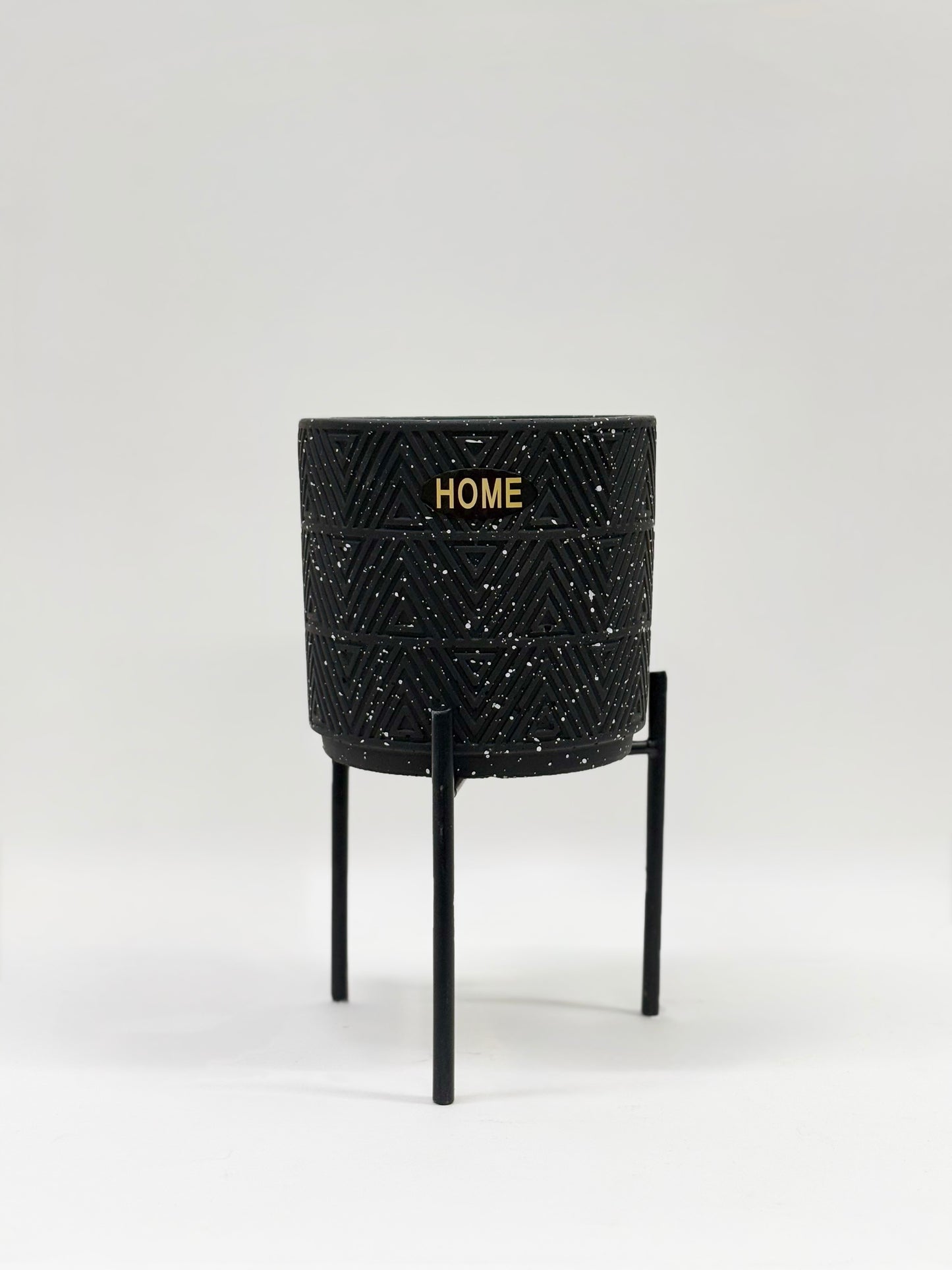 Modern Black Ceramic Planter with Gold 'HOME' Engraving and Black Metal Stand