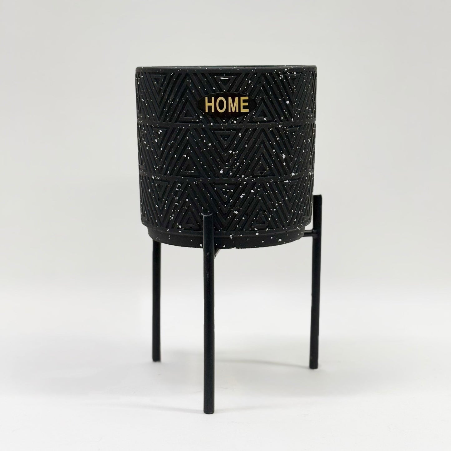 Modern Black Ceramic Planter with Gold 'HOME' Engraving and Black Metal Stand
