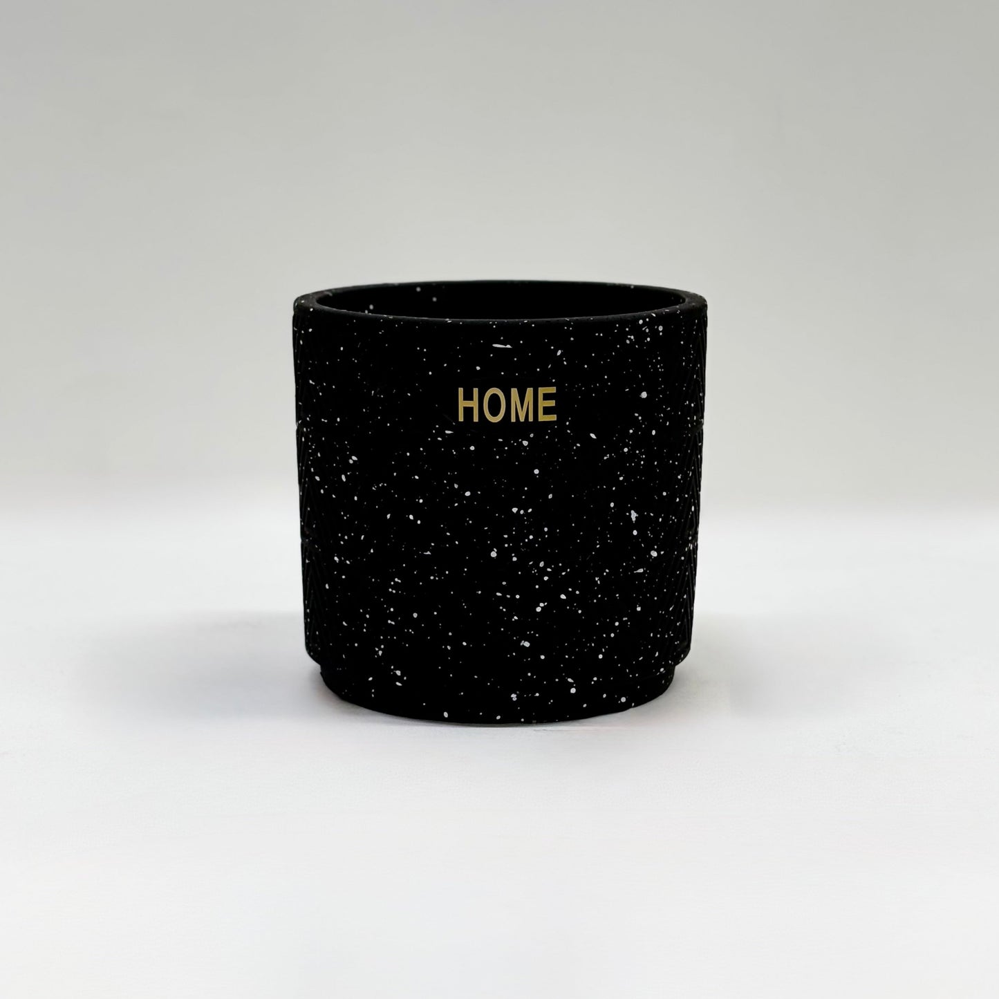 Modern Black Ceramic Planter with Gold 'HOME' Engraving and Black Metal Stand