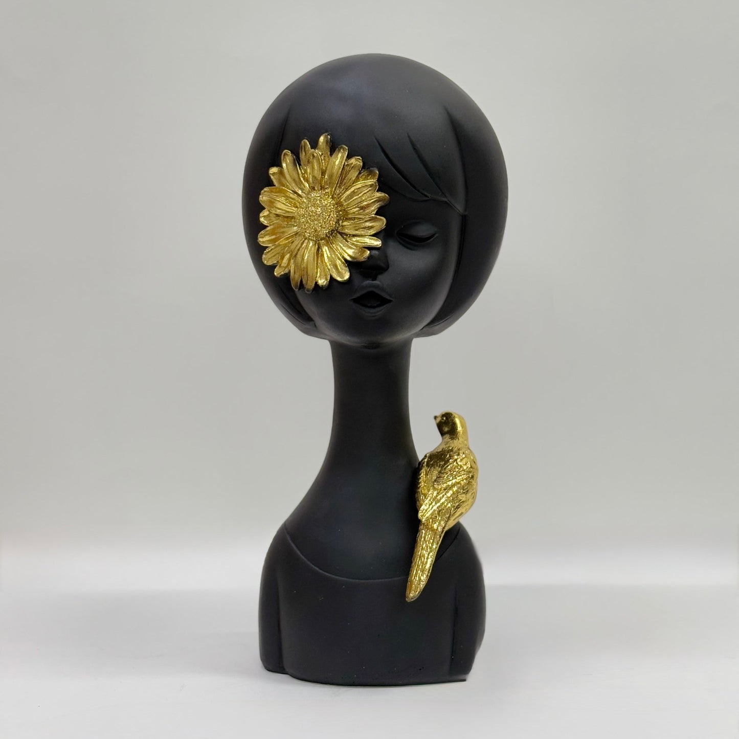 Modern Black Abstract Sculpture with Golden Sunflower and Bird Accent