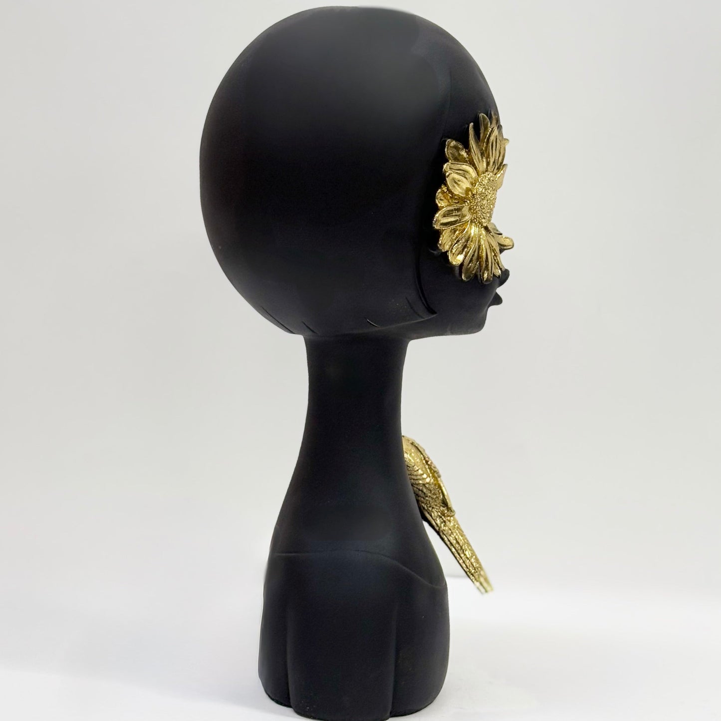 Modern Black Abstract Sculpture with Golden Sunflower and Bird Accent