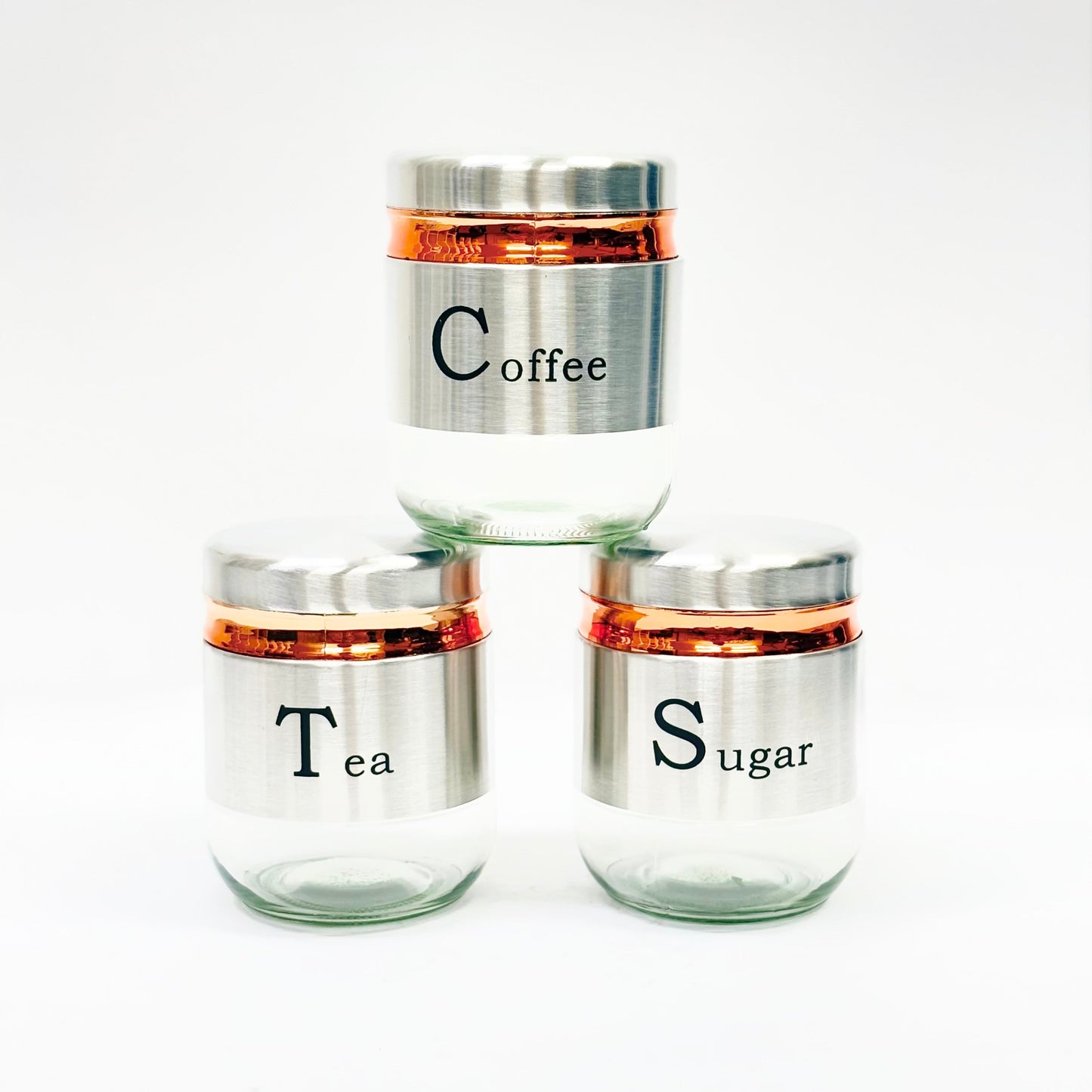 "Stainless Steel Tea Coffee Sugar Glass Jar Set