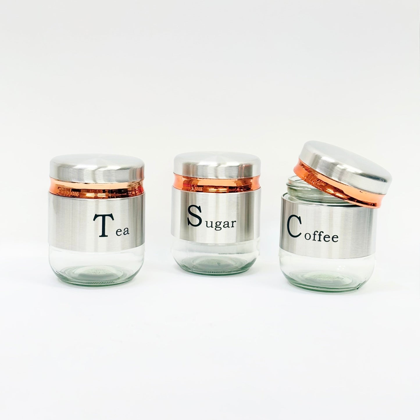 "Stainless Steel Tea Coffee Sugar Glass Jar Set