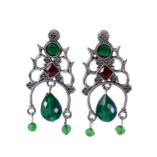 Antique Silver Green Stone Drop Earrings