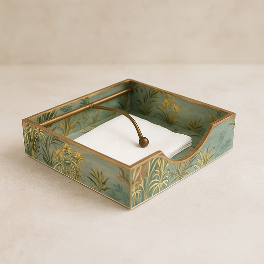 Vintage-Inspired Tissue Holder with Gold and Blue Floral Motif