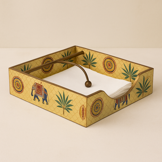 Hand-Painted Wooden Tissue Holder with Traditional Elephant and Palm Design
