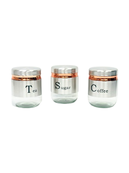 "Stainless Steel Tea Coffee Sugar Glass Jar Set