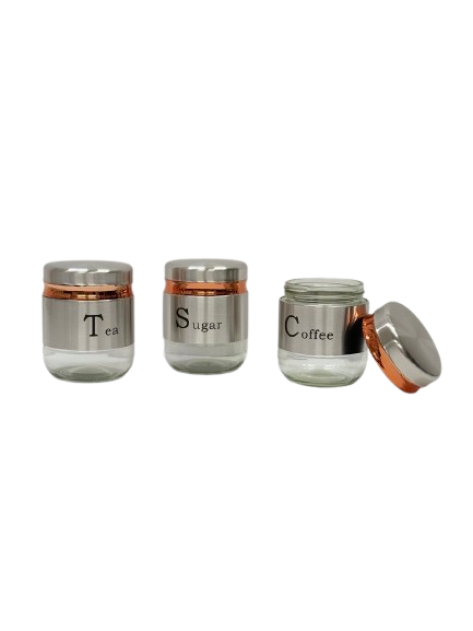 "Stainless Steel Tea Coffee Sugar Glass Jar Set