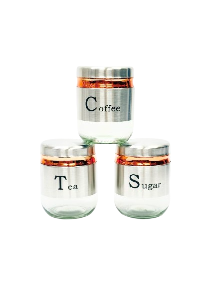 "Stainless Steel Tea Coffee Sugar Glass Jar Set